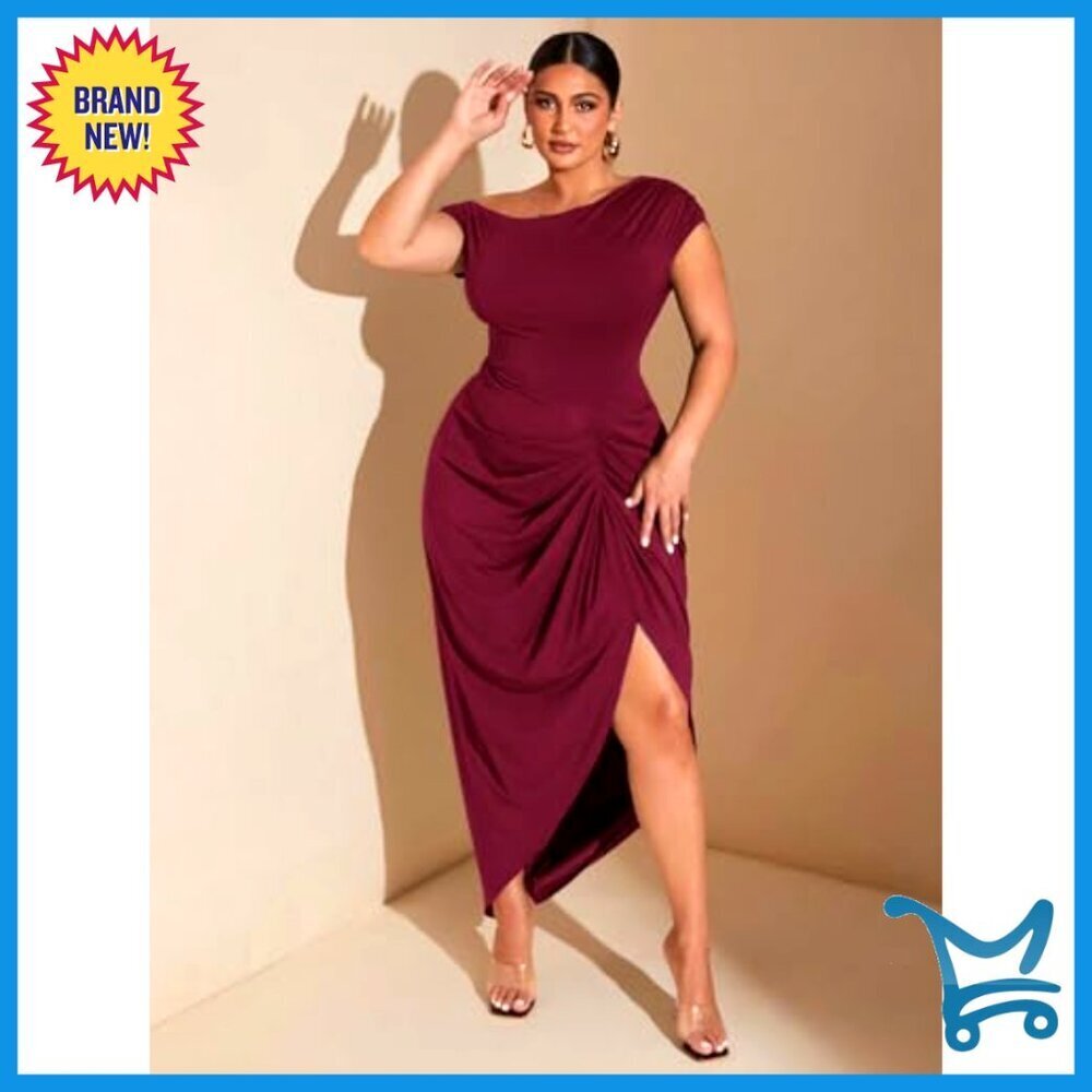 Plus Size Asymmetrical Neck Long Dress Ruched Slit Hem Elegant Cocktail - Picture 6 of 7